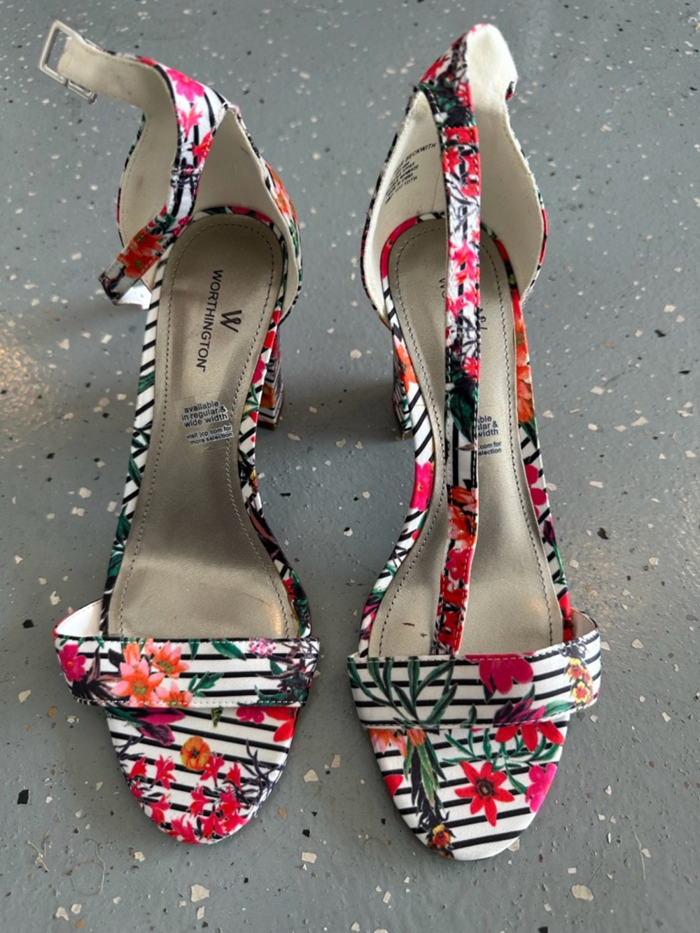 Worthington Floral Stripe Ankle Strap Heels - Pink, Orange, Green